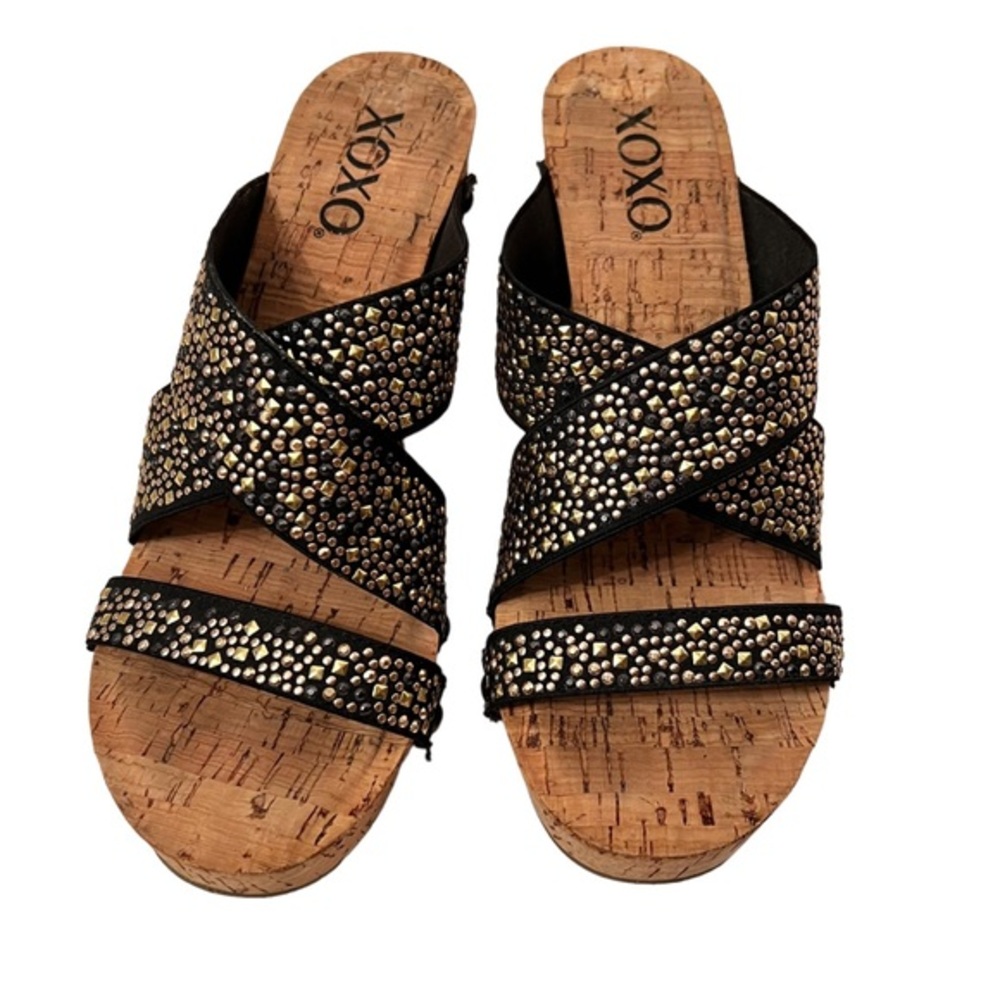 XOXO Women’s Cork Wedge Straps Black Multicolored Rhinestones size 6.5 HOST PICK